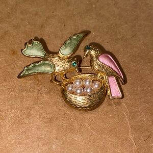 Gold Toned Birds Brooch + Crystal Eye +  Faux Pearl Bird Eggs in Nest Vintage